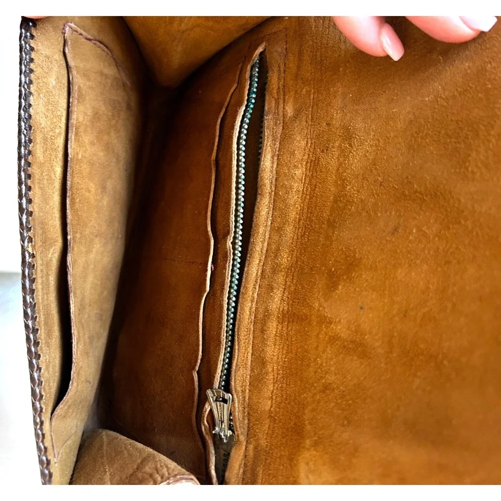 Vintage 1920s Leather Clutch Hand Tool Double Side Whipstitch Snap Floral Folds
